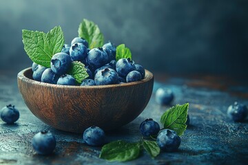 Poster - Fresh Blueberries in a Wooden Bowl with Green Leaves