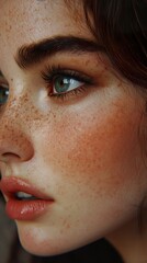 Poster - Close-up Portrait of a Woman with Blue Eyes and Freckles