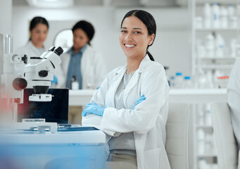 Aufkleber - Laboratory, scientist or woman in portrait with arms crossed for science, medical expert and microbiology study. Career, female biologist or doctor with confidence for experiment, research and happy