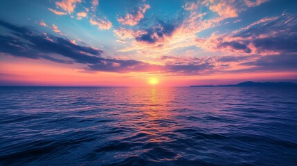 Wall Mural - Vibrant sunset over a calm ocean, casting vivid reflections on the water with scattered clouds in the sky at dusk