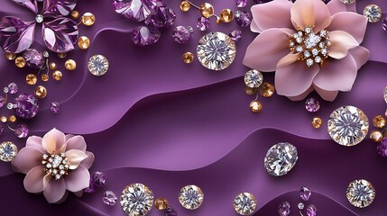 A decorative arrangement of flowers and gemstones on a purple background.