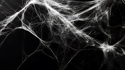 A close-up of intricate spider webs against a dark background.