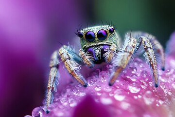 Wall Mural - Closeup of a colorful jumping spider with dew drops on a pink flower