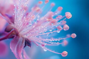 Canvas Print - Close up Macro Photography of Pink Flower with Dew Drops, Soft Focus, Blue Background