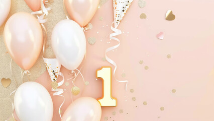 Pink and gold first birthday party decoration with balloons