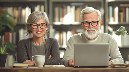 Wall Mural - Smiling senior couple working together on a laptop.