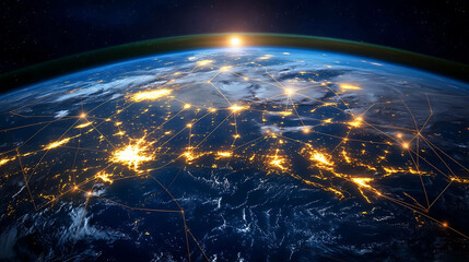 Sticker - A beautiful view of Earth from space, showing city lights connected by glowing lines, representing global connectivity.