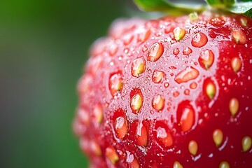 Wall Mural - Macro photography of fresh red strawberry with water drops