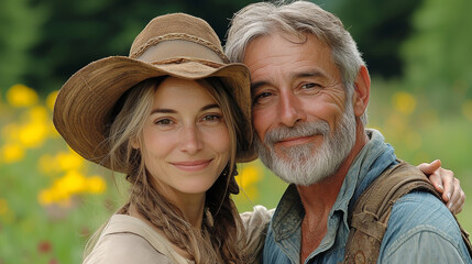 Sticker - A young woman and an older man smile at the camera in a field of yellow flowers.