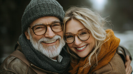 A senior couple smiles happily for the camera, wearing warm winter clothing.