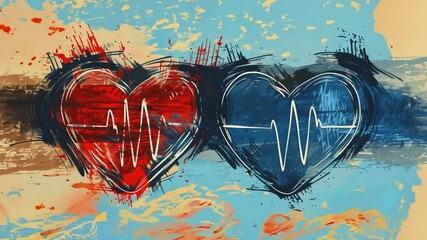 Poster - The artwork showcases two hearts, one red and one blue, with heartbeat lines running through them, set against a colorful, abstract background that conveys emotion and energy.