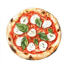 This watercolor illustration shows vegan pizza with tomatoes, mozzarella, and basil leaves.