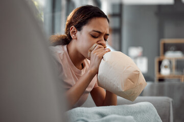 Wall Mural - Woman, stress and paper for panic attack, trouble and trauma in house with fear, crisis and mental health. Girl, anxiety and breathing for phobia, scared or psychology in apartment with schizophrenia