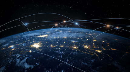 Abstract image of the Earth with glowing lines showing global connection.