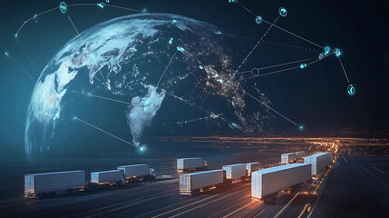 Wall Mural - A line of semi-trucks travel down a highway at night, with a digital globe and connected lines above, representing global logistics.