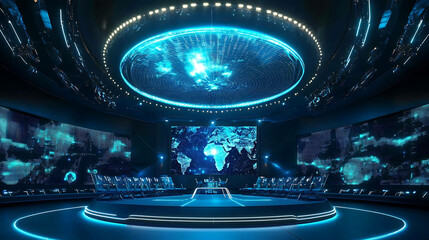 Wall Mural - Futuristic control room with a large digital display showing a map of the world, surrounded by glowing blue lights and screens.