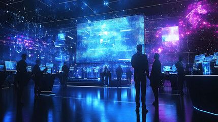 Wall Mural - People in silhouette stand in a futuristic, glowing room with large digital screens displaying abstract data and images.