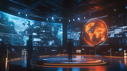 Two figures stand in a futuristic control room with large screens displaying global data.