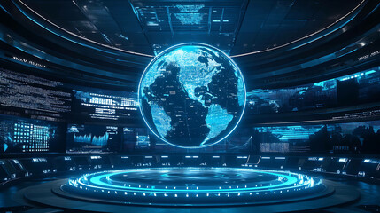 a futuristic control room with a glowing globe in the center and multiple screens displaying data an