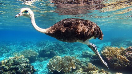 In a clear sea with vibrant marine life and underwater beauty, an ostrich dives into the clear water.