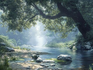 Sticker - Tranquil Forest River Scene with Sunlight