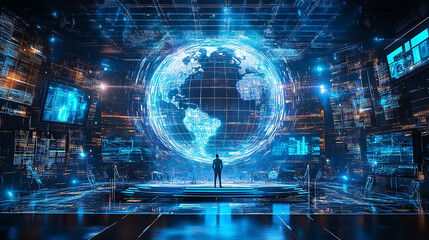 A lone figure stands in a futuristic room, surrounded by screens displaying data and a holographic globe.