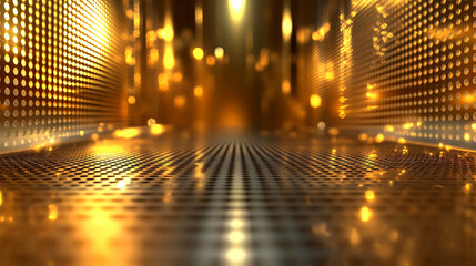 Gold metallic background with a grid pattern and warm lighting.