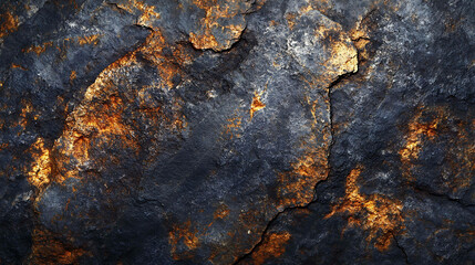 Wall Mural - A close up shot of rough, dark grey rock with orange streaks and fissures.