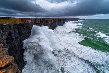 grey stormy ocean, with waves crashing against the cliffs, creating a dramatic and powerful scene