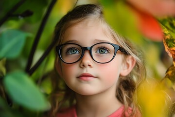 Wall Mural - Little Girl Wearing Glasses Looking Up with Wonder and Curiosity