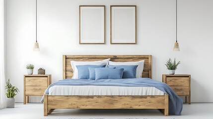 Canvas Print - Cozy bedroom setup with wooden furniture and blue accents for relaxation.