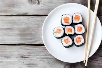 
A few neatly arranged sushi rolls on one side of a white plate