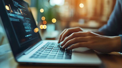 Closeup of hands typing on a laptop with code on the screen.