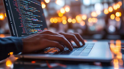 Hands typing code on laptop with blurred city lights in background.
