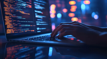 Close up of hands typing code on a laptop, with a blurred background of city lights.