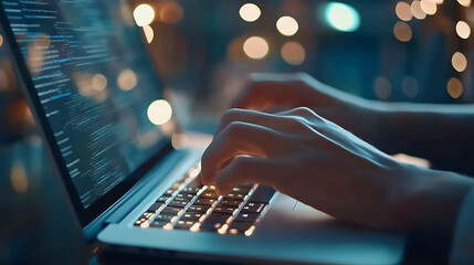 Close-up of hands typing on a laptop keyboard, illuminated by a screen and warm lights in the background.