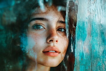 Poster - Mysterious Woman Looking Through Glass, Abstract Art, Close Up Portrait