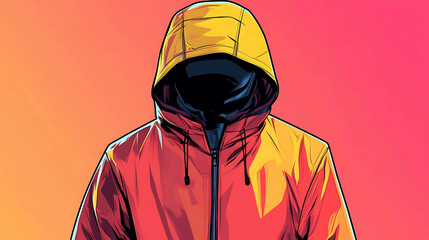 Poster - A person wearing a colorful hooded jacket, standing in front of a pink and orange gradient.