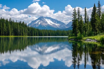 Poster - Mountain reflection in a lake with green forest and white clouds in blue sky