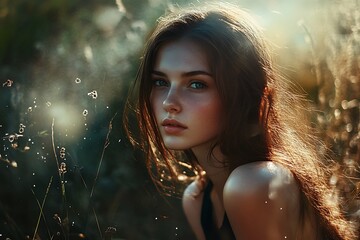 Canvas Print - Beautiful Woman with Long Hair Looking Pensively at Camera