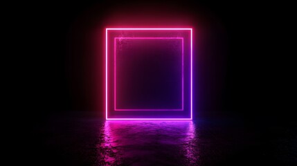 3d render, abstract geometric background with neon square frame glowing with gradient light in the dark. Futuristic showcase for product presentation