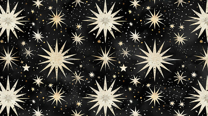 A seamless pattern of gold and white stars on a black background.