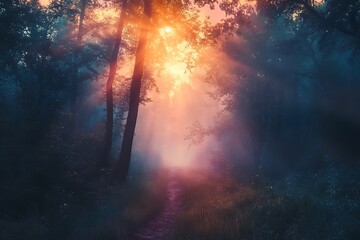 Poster - Mystical Forest Path with Fog and Sunlight, Dreamlike Landscape