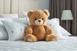© Sanchai - A teddy bear sitting on a bed, surrounded by pillows, symbolizing childhood comfort and sweet memories