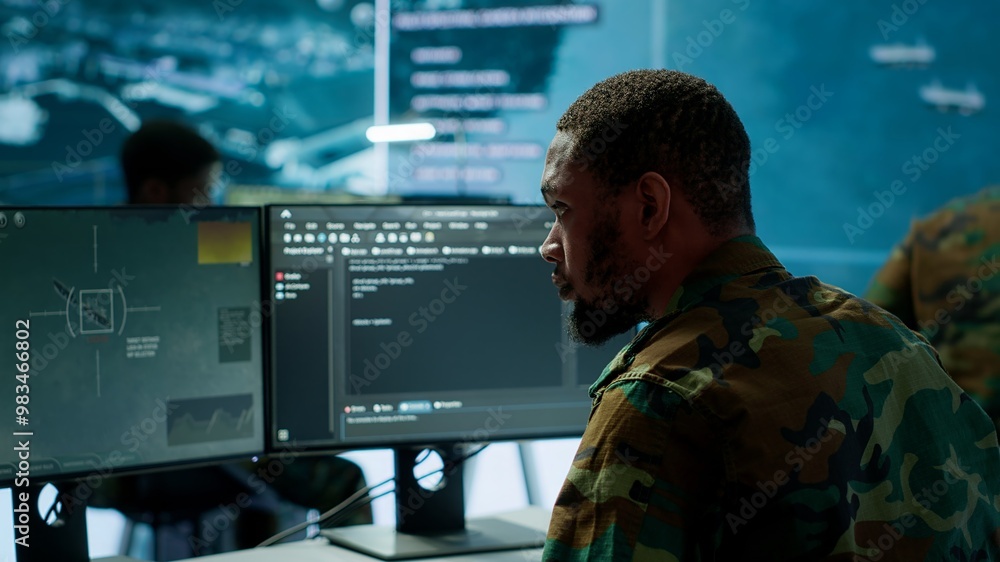 Soldier working with AI intelligence on pc in control room, processing ...