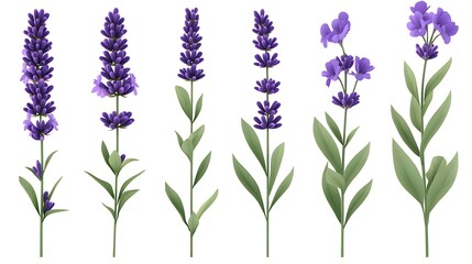 A collection of various lavender flowers with green leaves, showcasing different styles.