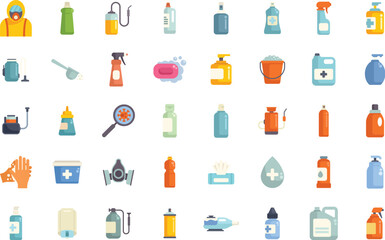 Wall Mural - Scientist is wearing a hazmat suit and holding a spray bottle, surrounded by icons of disinfectants, sanitizers, antiseptics, and cleaning supplies