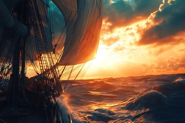 Canvas Print - Sailing ship at sunset with dramatic sky and waves.  Ocean, adventure, exploration, freedom, journey