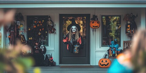 Un grupo de niños disfrazados de fantasmas de pie frente a una casa con una decoración espeluznante de esqueleto, sonriendo mientras sostienen sus bolsas de dulces.






