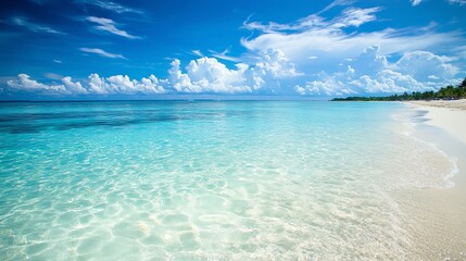 Wall Mural - A scenic view of a tropical beach with clear blue water and white sand.